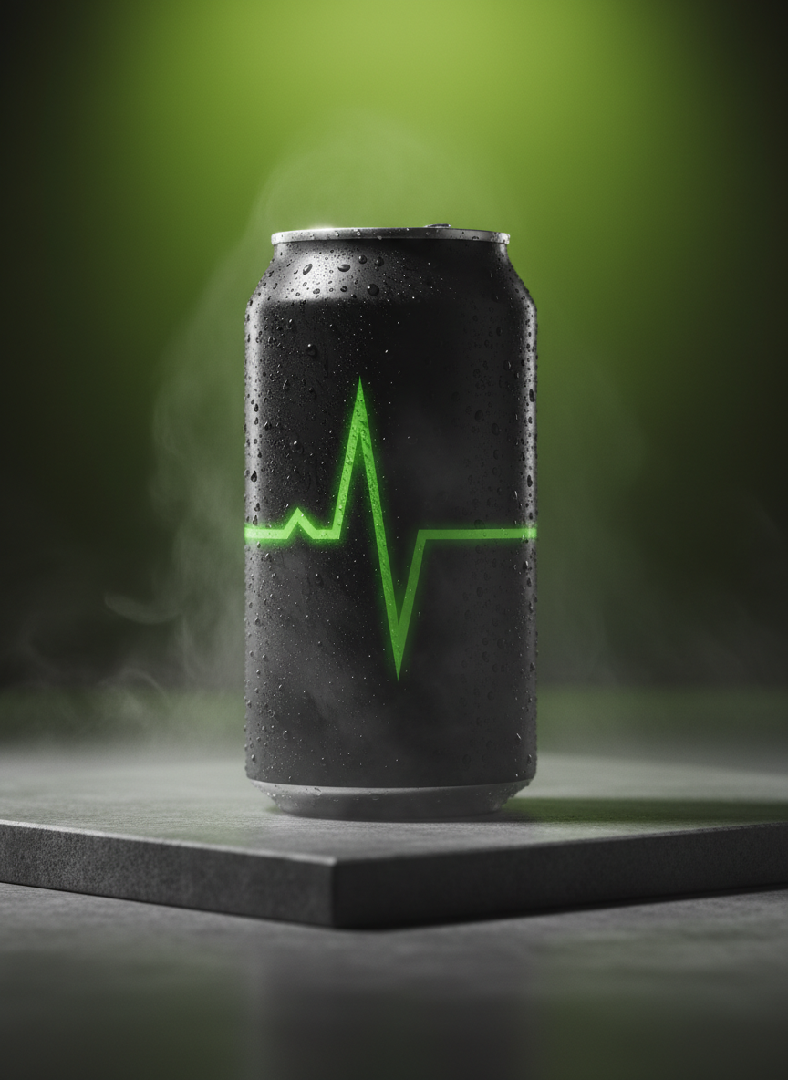 A sleek, matte-black Pulse energy drink can with a bold electric-green pulse line wrapping around the center, tiny droplets of condensation beading on the cold aluminum surface. The can stands upright on a glossy, dark concrete slab with subtle reflections, surrounded by a faint mist as if just lifted from an ice bath. Intense, directional studio lighting from the upper left carves sharp highlights along the edges and deep shadows behind, creating a dramatic, high-contrast look. The background fades into a soft, defocused gradient of deep charcoal and neon green, enhancing the energetic, high-performance mood. Shot at eye level with a slightly tight crop in photographic realism, emphasizing power, freshness, and bold attitude.