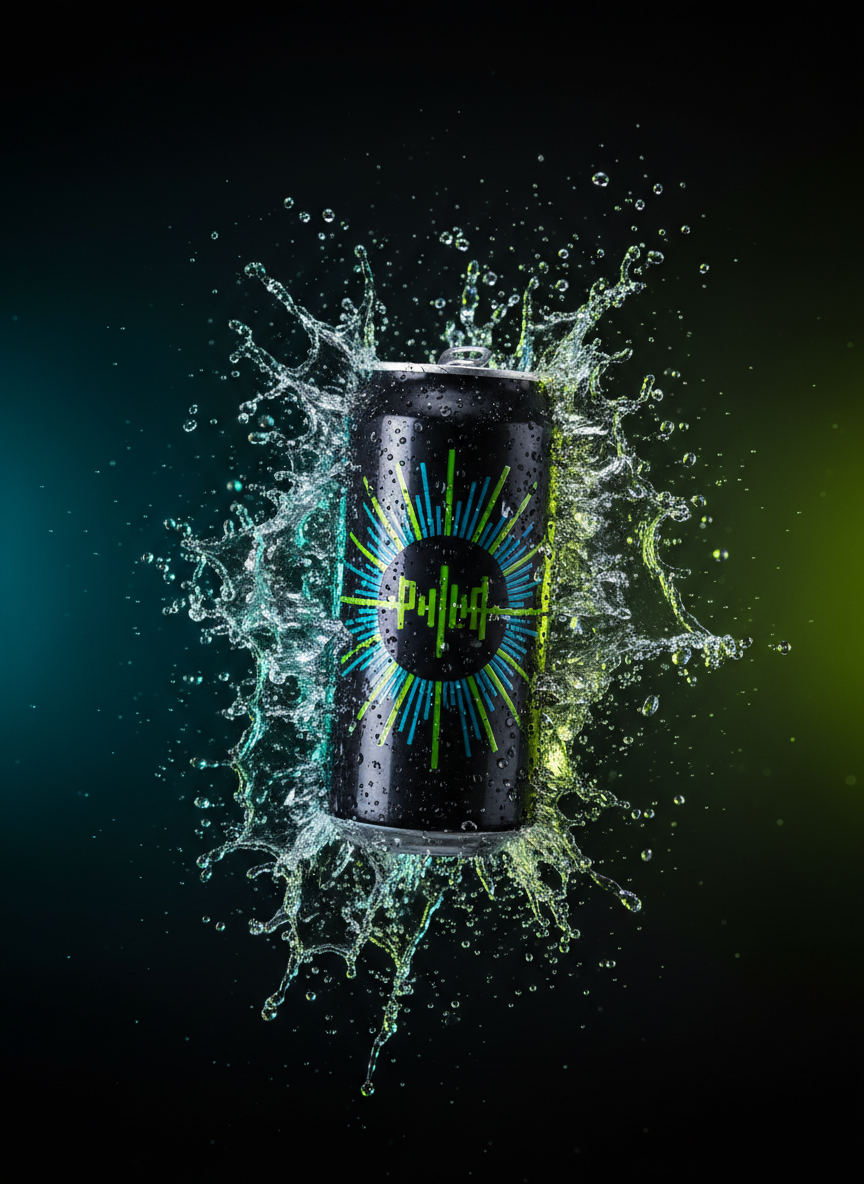 A single Pulse energy drink can bursting through a suspended wall of crystal-clear water, frozen in time at the exact moment of impact. The can’s dark metallic body with a vibrant neon pulse graphic is sharply in focus, covered in fine, sparkling droplets. Water splashes radiate outward in intricate, sculptural shapes, illuminated by bright, cool-toned studio lights from both sides, creating shimmering highlights and transparent textures. The background is a clean, deep black that fades into subtle teal and lime gradients, amplifying contrast and drama. Shot in ultra-high-speed photographic realism with a centered composition and shallow depth of field, the scene feels explosive, refreshing, and intensely energetic, capturing the essence of a bold energy drink brand.