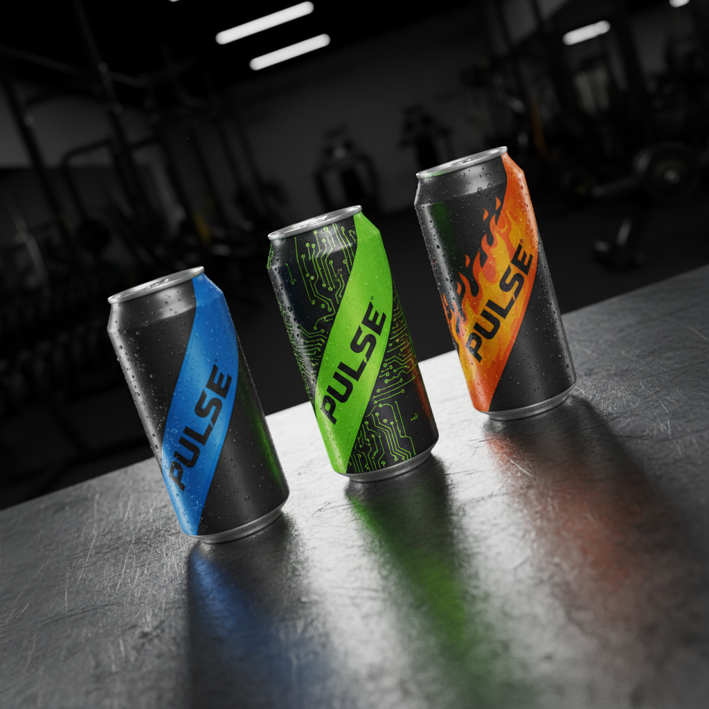 Three different Pulse energy drink cans arranged in a dynamic diagonal line across a brushed-metal surface, each can featuring a distinct bold color accent—electric blue, neon green, and fiery orange—against a dark metallic base. Tiny condensation droplets glisten under crisp studio lighting, creating sparkling highlights. The background is a softly blurred dark gym interior with hints of equipment shapes, keeping full focus on the cans. A strong side light from the right casts long, dramatic shadows and emphasizes texture on the aluminum and the metal surface. Captured from a slightly elevated angle with moderate depth of field, the composition feels powerful, modern, and high-energy, perfectly suited to a bold, performance-driven brand in photographic realism.