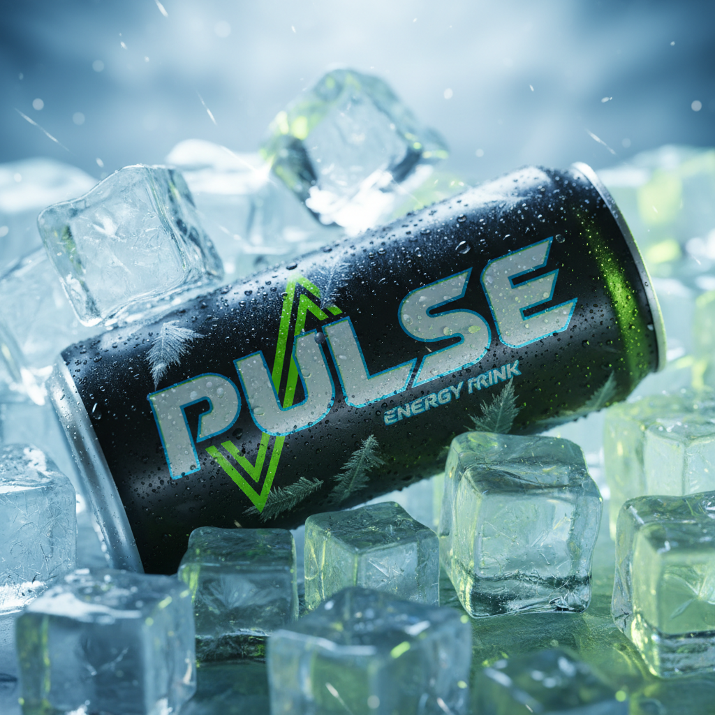 A close-up macro shot of a frosty Pulse energy drink can lying on its side in a bed of jagged, transparent ice cubes, each cube catching shards of light. The can’s dark finish and neon pulse graphic slice through the cold environment, with condensation droplets and faint frost patterns covering the surface. Cool, bluish-white studio lighting from above and slightly behind creates crisp, sparkling reflections in the ice and a glacial atmosphere, while a faint green accent light adds brand color to the shadows. The background melts into soft bokeh of icy tones. Composed with a shallow depth of field and cinematic photographic realism, the mood is intensely refreshing, bold, and invigorating, as if promising an instant surge of chilled energy.