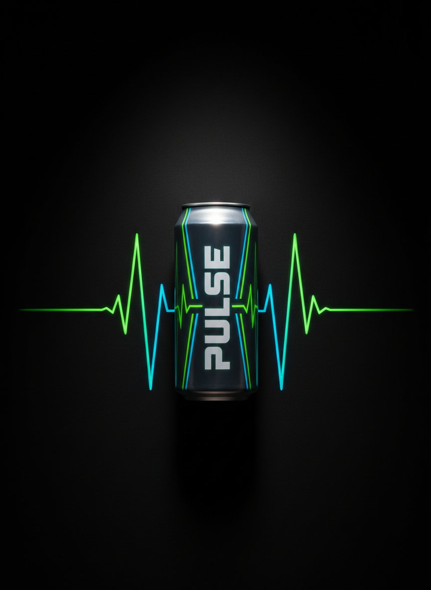 A minimalist, top-down photographic shot of a Pulse energy drink can placed precisely at the center of a matte black background, surrounded by radiating neon-green and electric-blue light streaks painted on the surface, suggesting vibration and energy waves. The can’s metallic texture and vivid pulse-line branding catch a focused overhead spotlight, creating a bright circular highlight and a subtle soft shadow halo. The rest of the scene falls into velvety darkness, with the painted streaks gently glowing. The composition uses strict symmetry and negative space to feel modern, confident, and bold. Captured in crisp photographic realism with sharp focus and clean lines, the image conveys the idea of concentrated power and controlled intensity in a visually striking, graphic way.