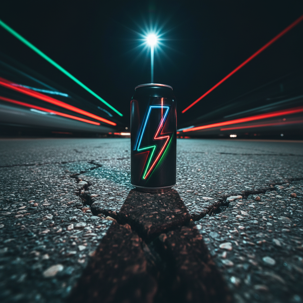 A dramatic low-angle shot of a Pulse energy drink can standing on a rugged, cracked asphalt surface, tiny pebbles and rough textures clearly visible around its base. The can’s dark metallic finish and neon pulse motif contrast sharply Against the gritty ground. In the blurred background, streaks of colored light—red, green, blue—suggest the motion of fast traffic at night, captured as long exposures. A single strong, cool-toned streetlight from above and slightly behind the can creates a glowing rim light on its edges and a long shadow stretching toward the viewer. The composition in photographic realism feels urban, rebellious, and bold, emphasizing energy, speed, and late-night endurance without showing any people.